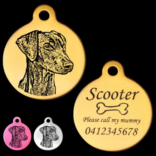 Doberman Natural Ear Engraved 31mm Large Round Pet Dog ID Tag